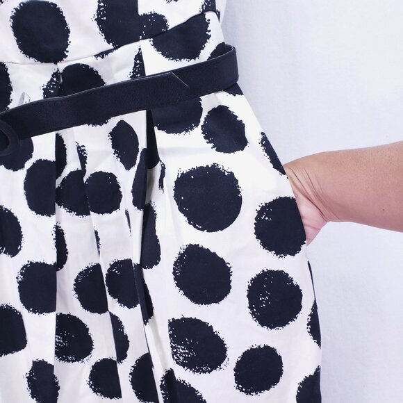 Eliza J Fit & Flare Dress Sz 6 Womans Black White Polka Dot Sleeveless Pleated - Picture 7 of 14